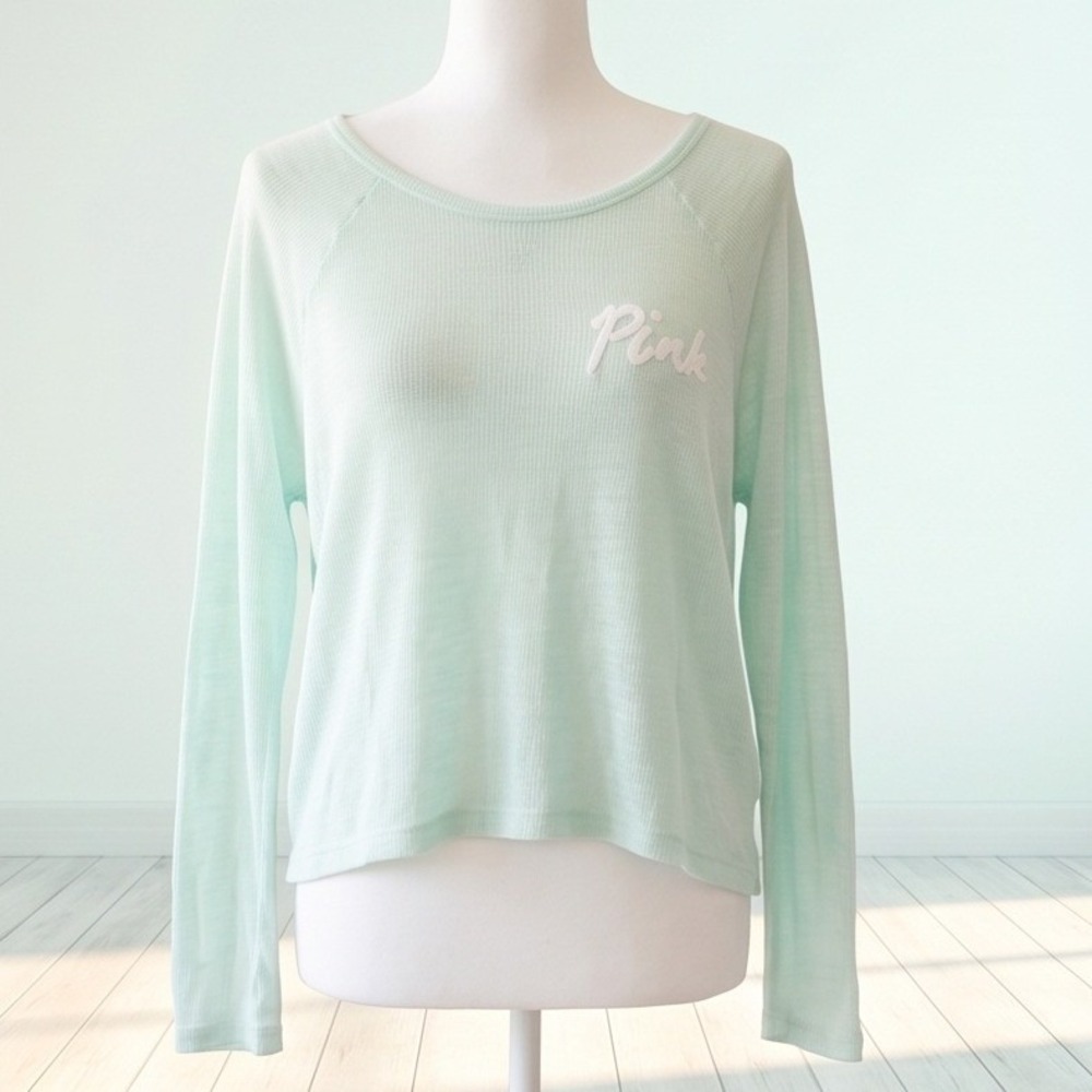 PINK Victoria's Secret M Seafoam Knit Long Sleeve‎ Crop Top Womens Oversized